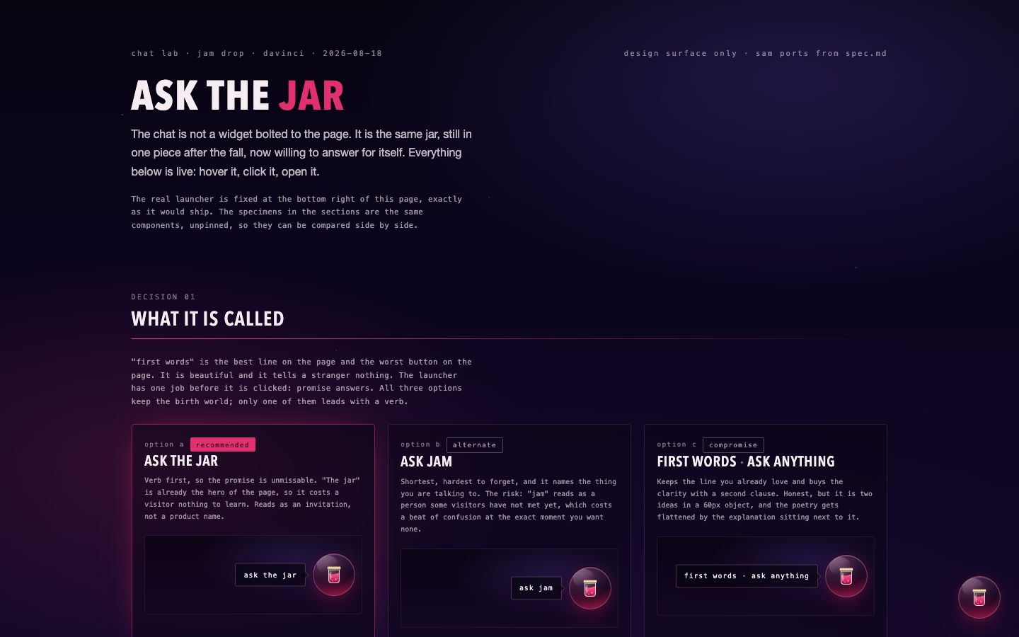 Chat lab · ask the jar, hero frame
