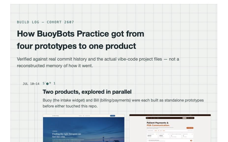 BuoyBots build log · how the practice widget went from four prototypes to one product